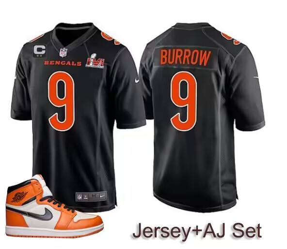 Men's Bengals #9 Joe Burrow 2022 Black With C Patch Super Bowl LVI Stitched Game Jersey + AJ 1 Shoes